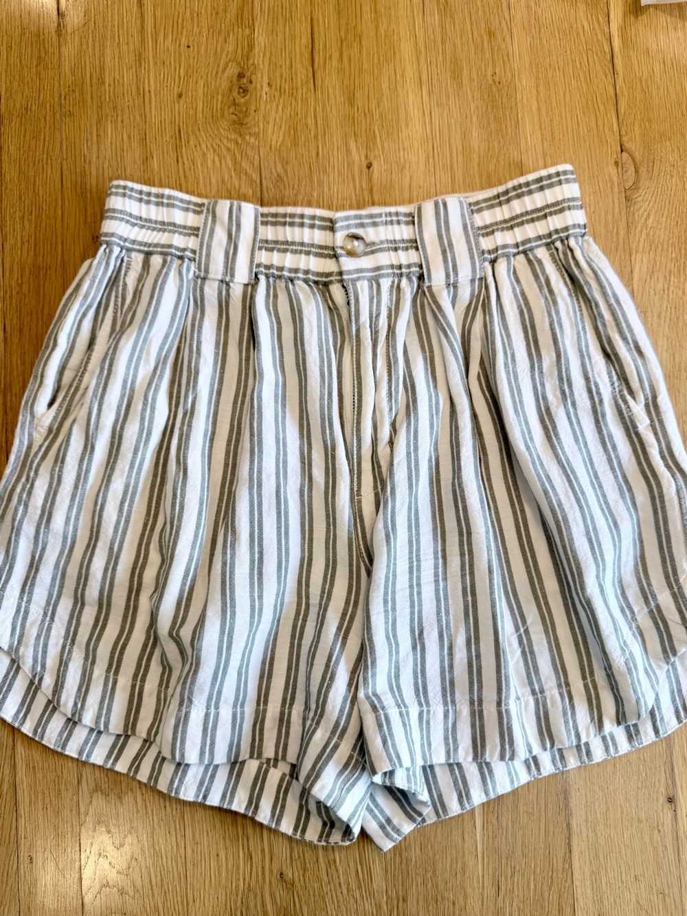 Madewell Women’s Striped High-Waist Linen Shorts - White & Green/Gray Small